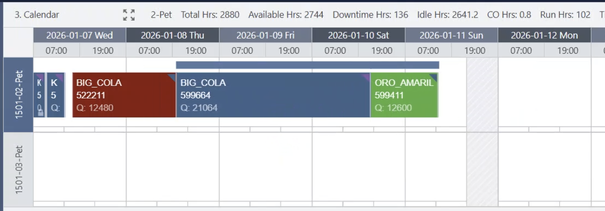 Production Calendar view showing multiple production runs selected for drag and drop