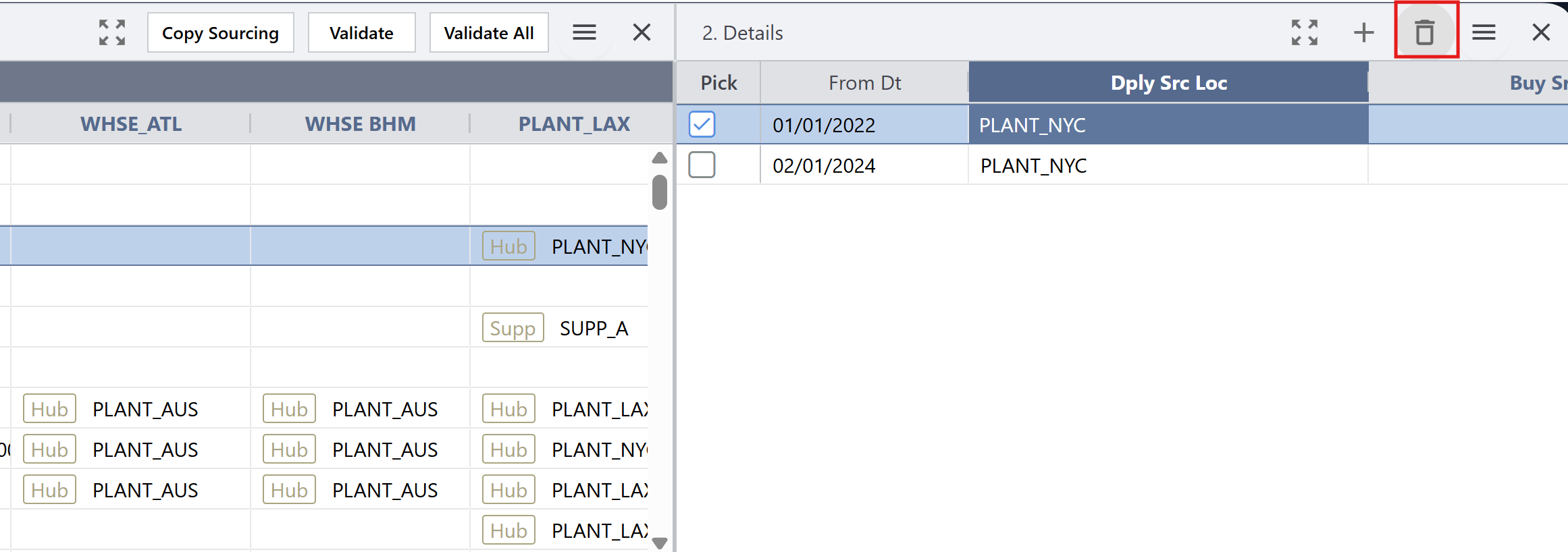 Avail11 sourcing matrix showing ability to delete individual sourcing in the Details pane