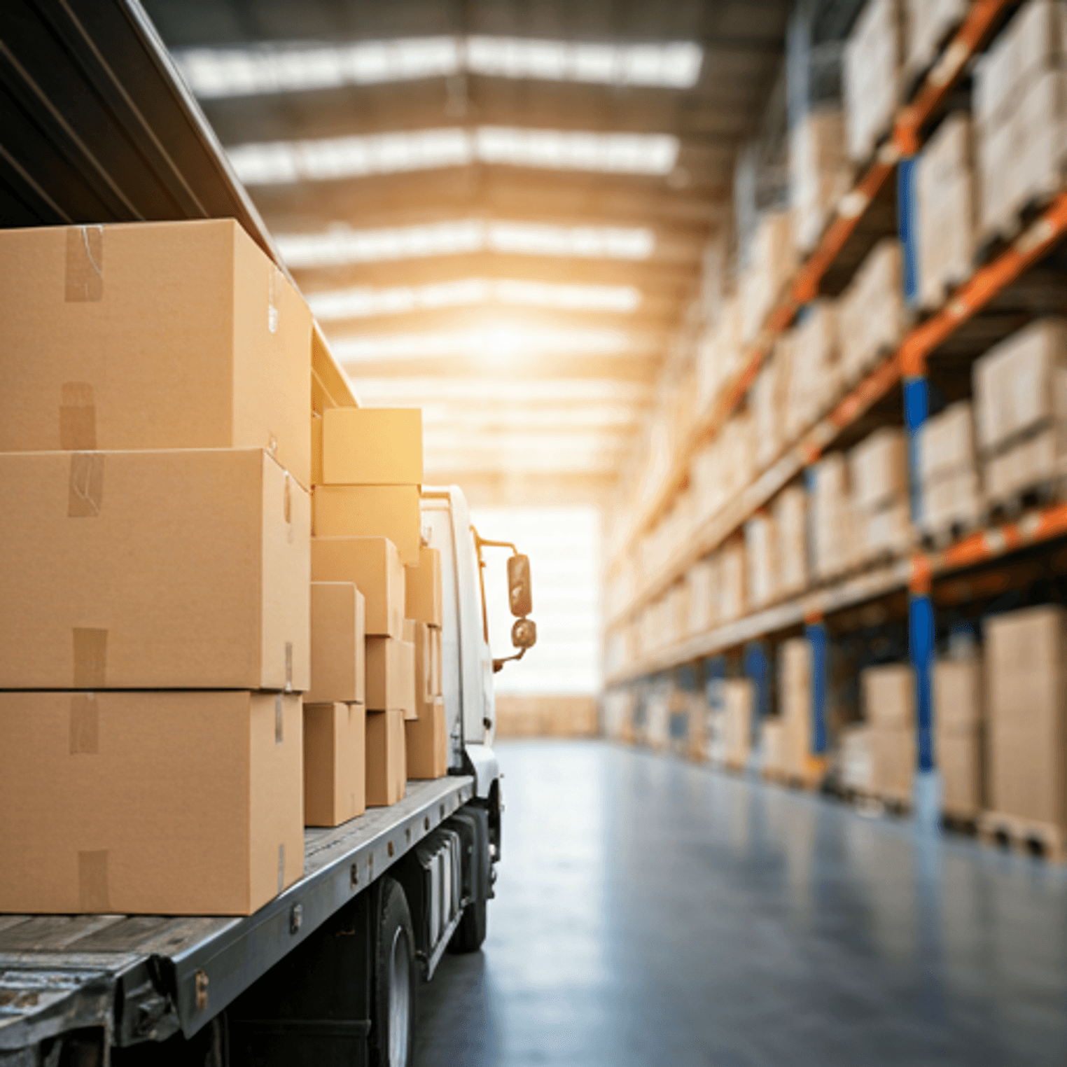 A delivery truck filled with cardboard boxes is parked inside a large warehouse. The warehouse is spacious, lined with tall shelves, and lit by bright overhead lights. The scene conveys an atmosphere of logistics and distribution.