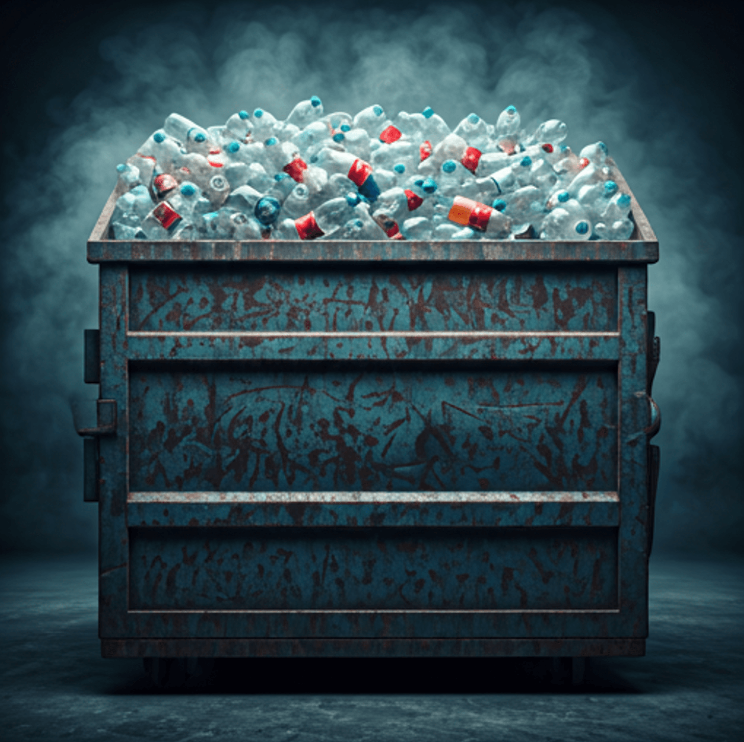 A rusty, open dumpster filled with plastic bottles and cans, with steam or mist rising in the background. The setting appears dimly lit, creating a moody atmosphere.