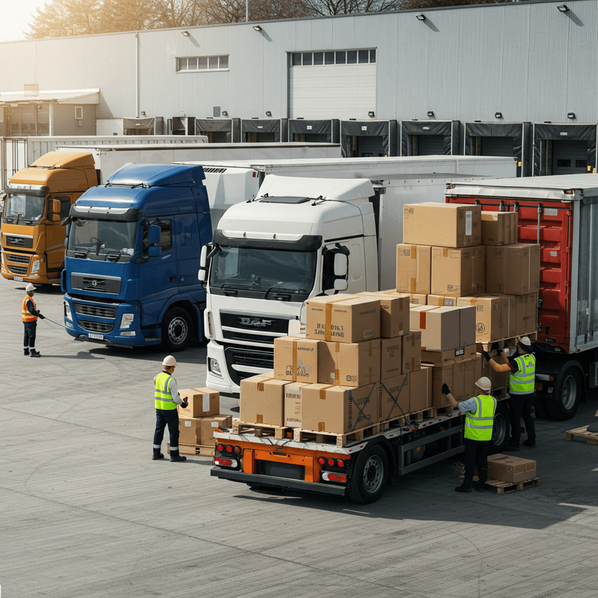 A logistics yard with workers in high-visibility vests loading cardboard boxes onto a trailer. Three parked semi-trucks in yellow, blue, and white are seen in the background near a large industrial building.