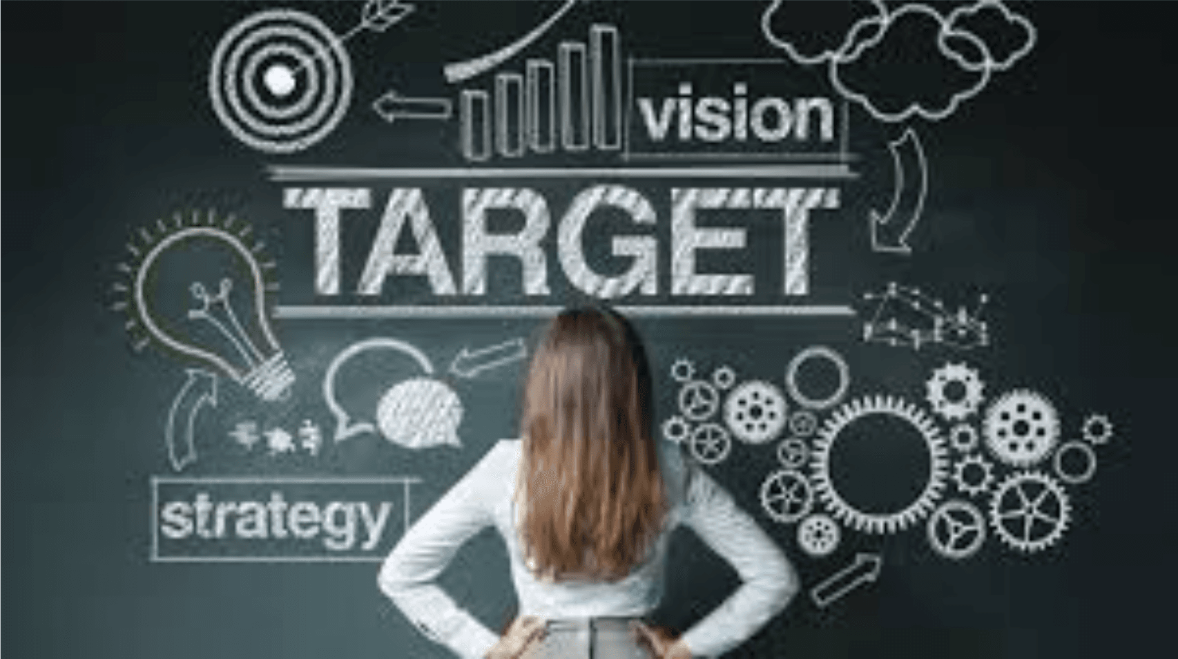 A woman with long hair stands facing a chalkboard covered with business-related drawings, such as gears, graphs, light bulbs, and clouds. The words TARGET, vision, and strategy are prominently written in large letters.