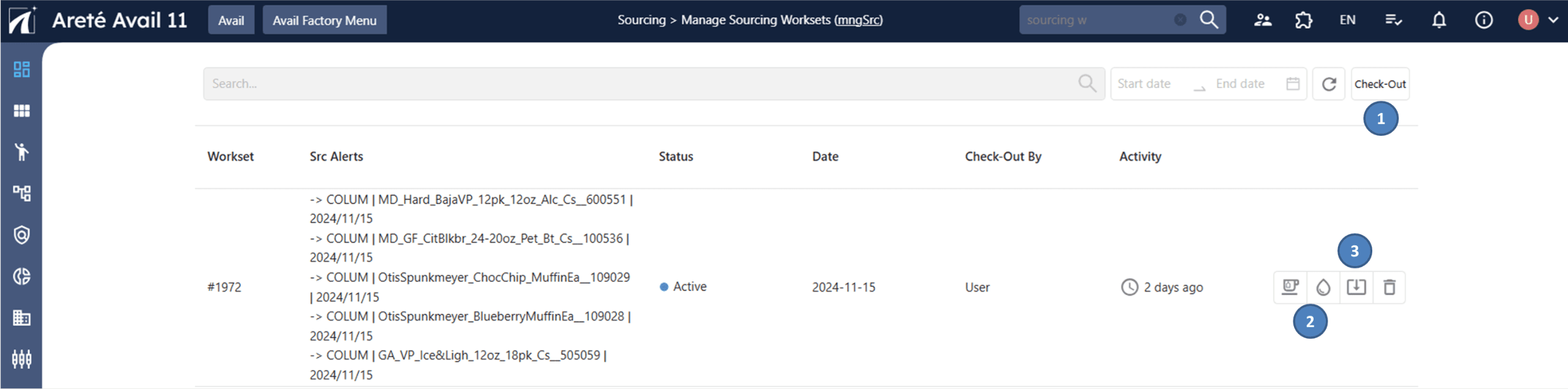 Screenshot of a webpage titled Sourcing > Manage Sourcing Worksets. It shows a table with columns like Workset, Status, and Date. Icons for Check Out and page navigation are visible on the right. Some entries in the table are partially visible.