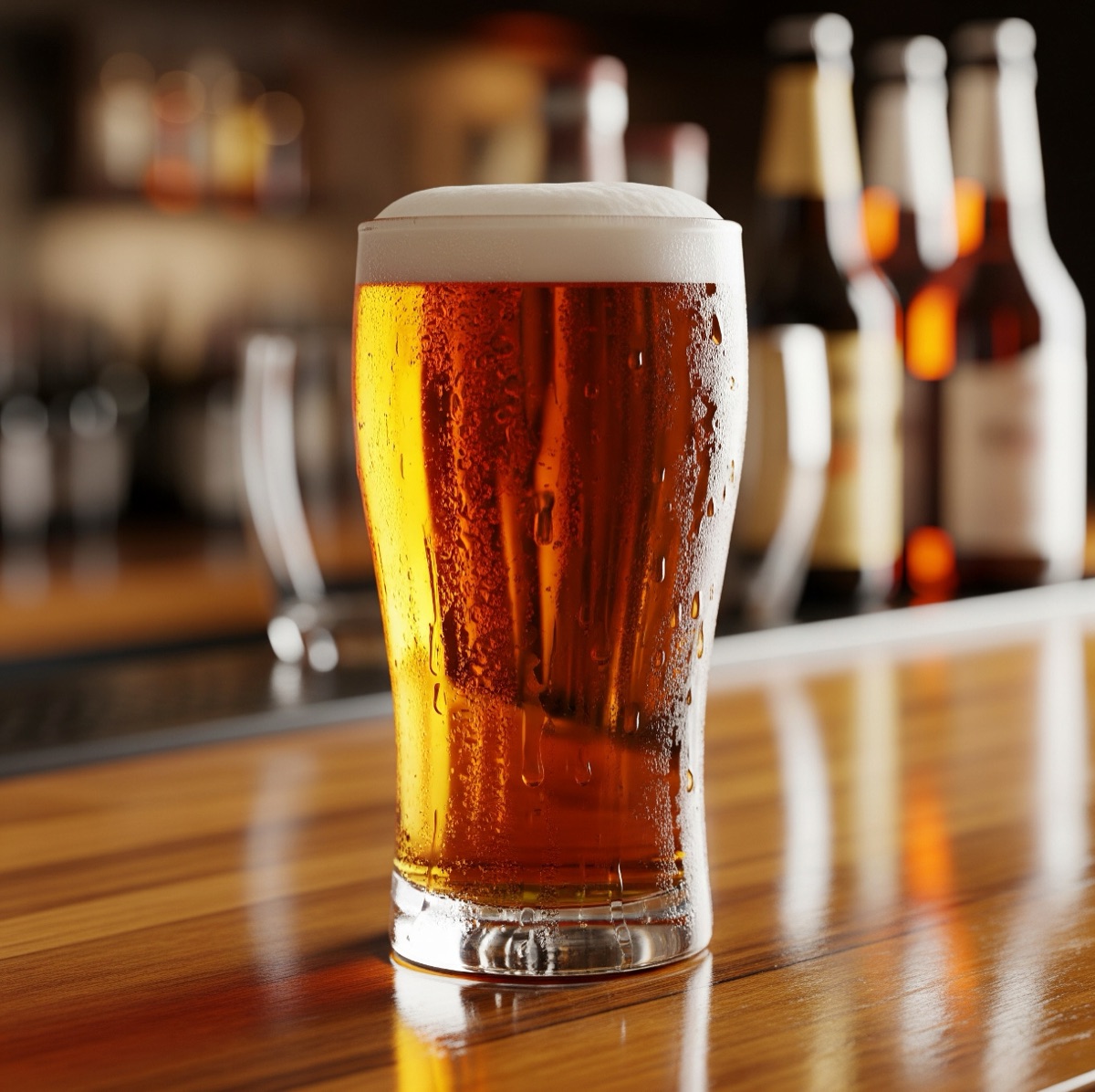 A pint glass filled with amber beer and a foamy head sits on a wooden bar top, reflecting the challenges and rewards of the AlcBev industry amid blurred beer bottles and bar accessories in the background.