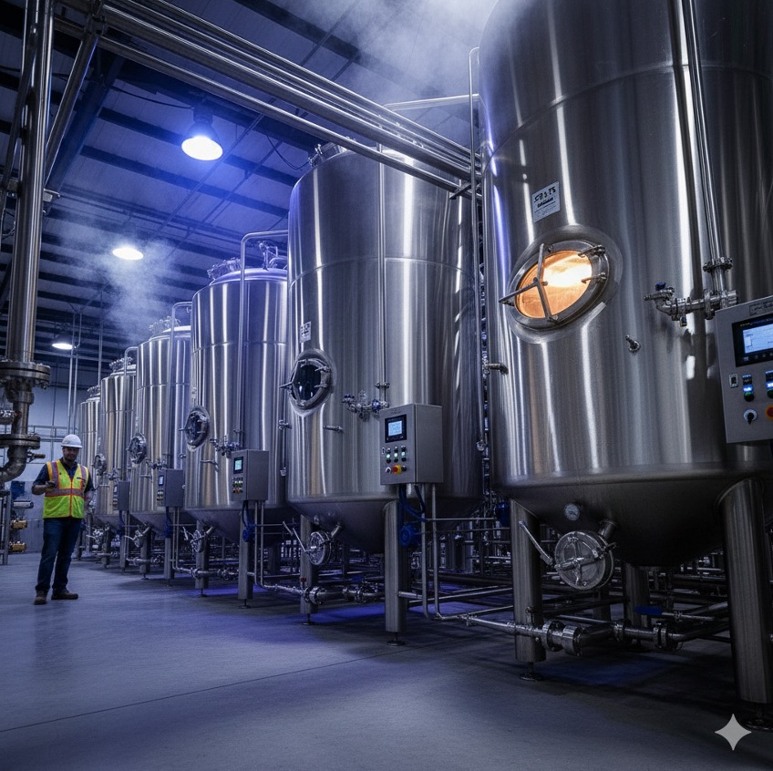 A worker in a safety vest stands near large stainless steel fermentation tanks in a modern industrial brewery, with pipes, control panels, and steam visible in the well-lit facility.