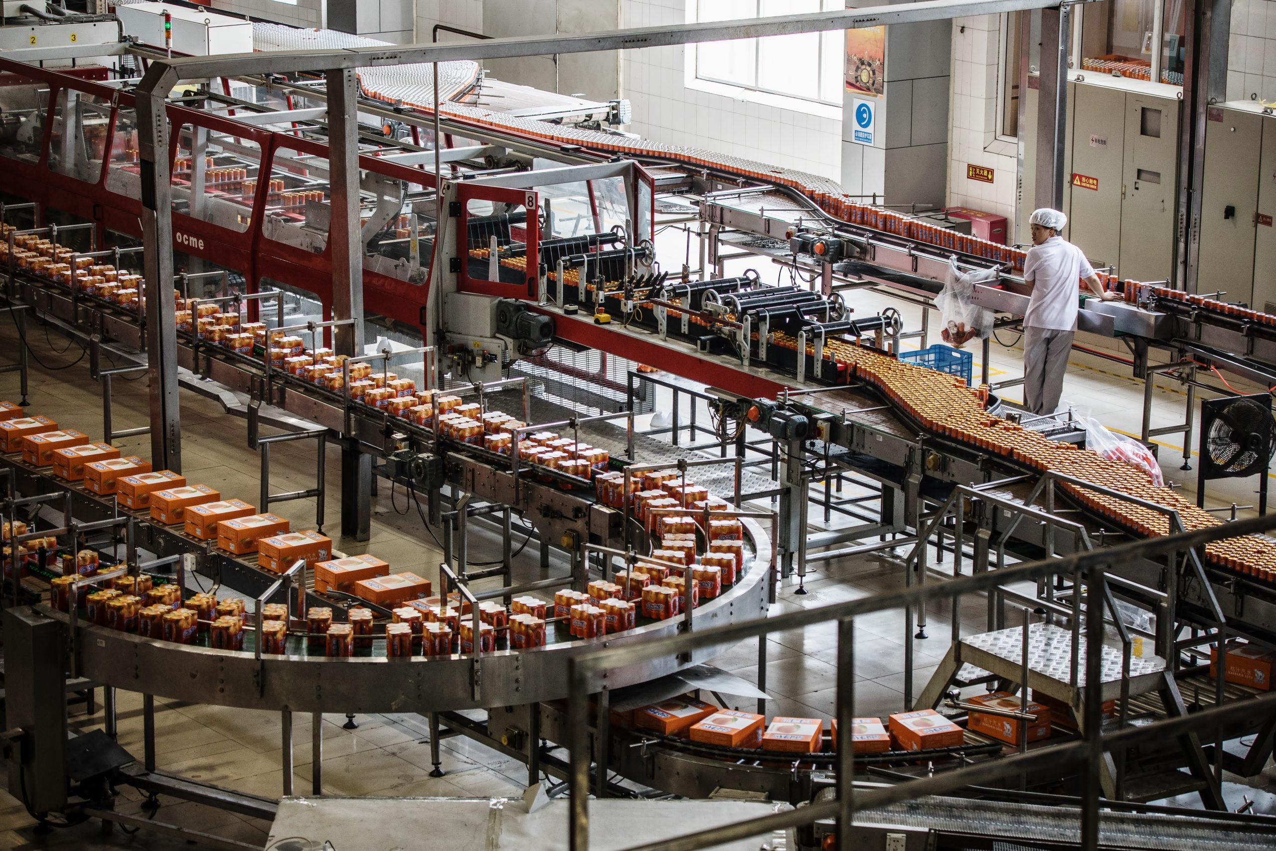 Factory production line with packaged goods