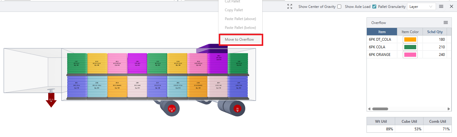 Side view diagram of a loaded truck trailer with colored pallets stacked inside; a dropdown menu highlights the Move to Overflow option