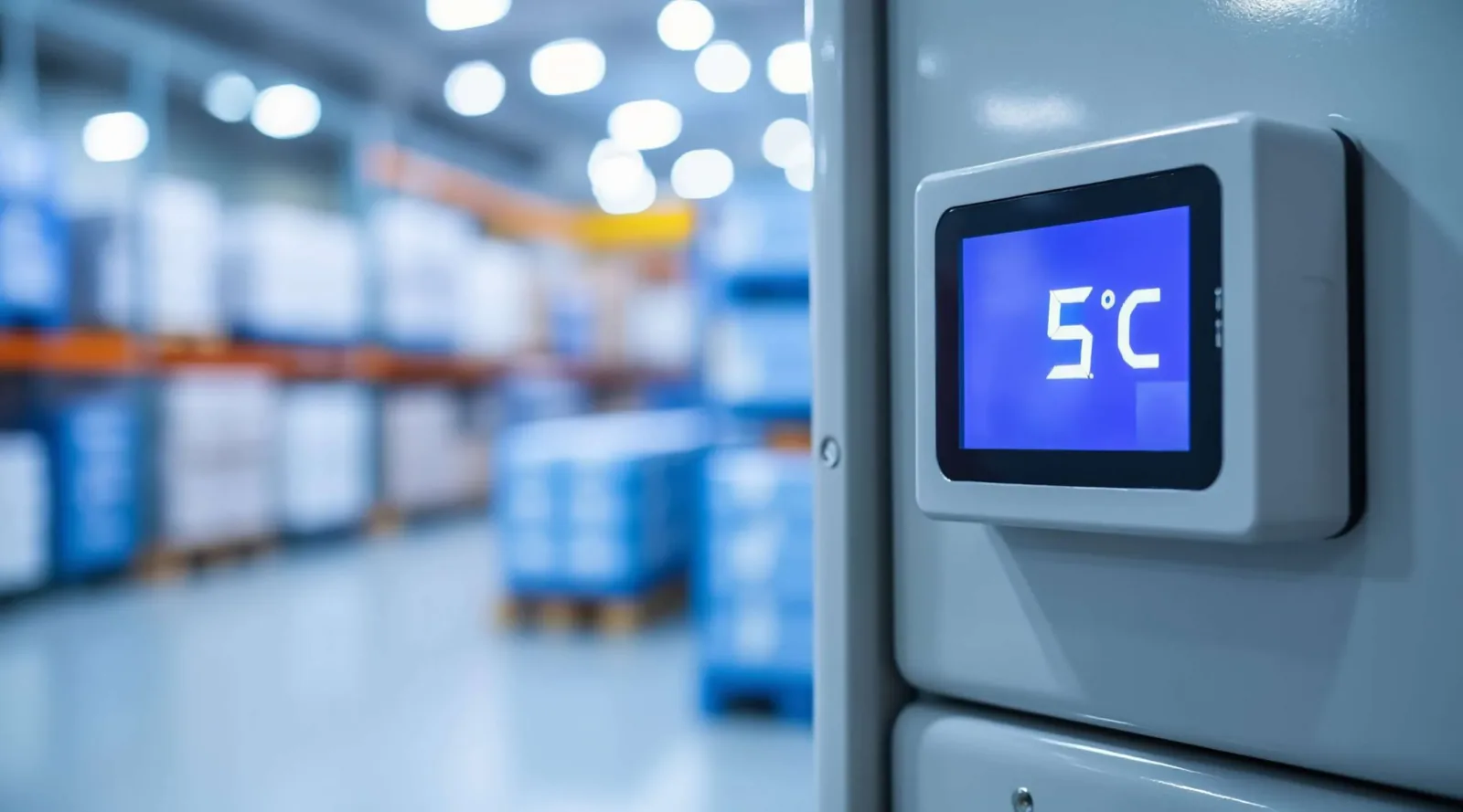 Digital temperature display reading 5 degrees Celsius mounted on a refrigerated storage unit door, with pallets of blue-wrapped product blurred in the cold storage warehouse behind it