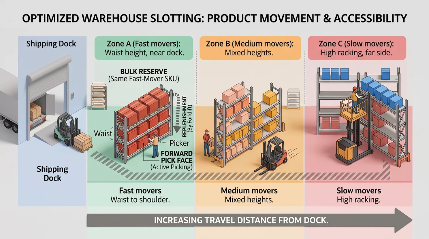 Diagram of optimized warehouse slotting by product movement and accessibility: Zone A fast movers stored at waist height near the shipping dock with a forward pick face and bulk reserve above, Zone B medium movers at mixed heights, and Zone C slow movers on high racking at the far side, with travel distance increasing away from the dock.