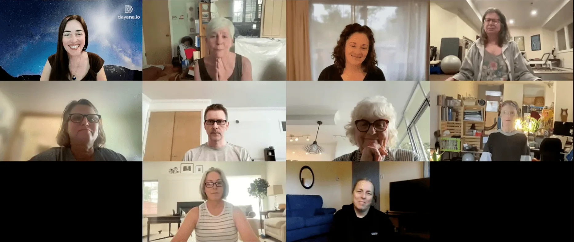 Zoom gallery showing Dayana and participants joining an online class from their homes.