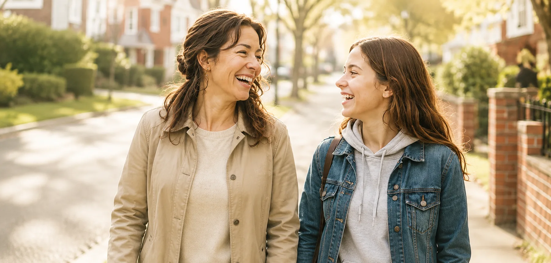 Two women walking and talking outdoors.
