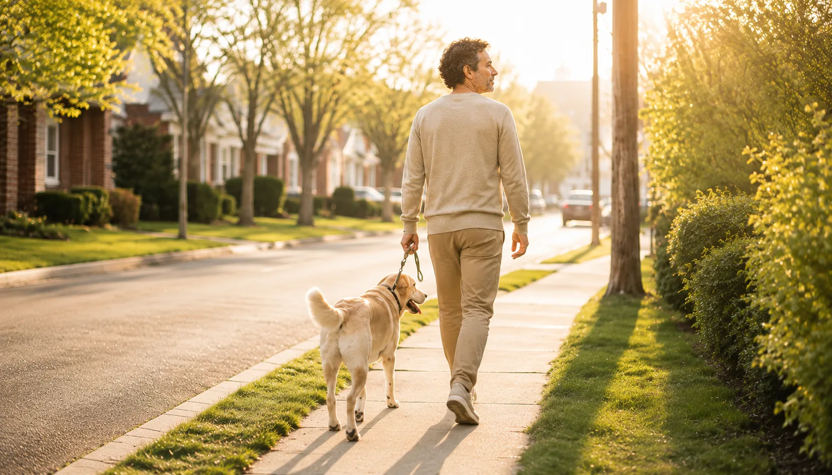 An ordinary evening walk with a dog.