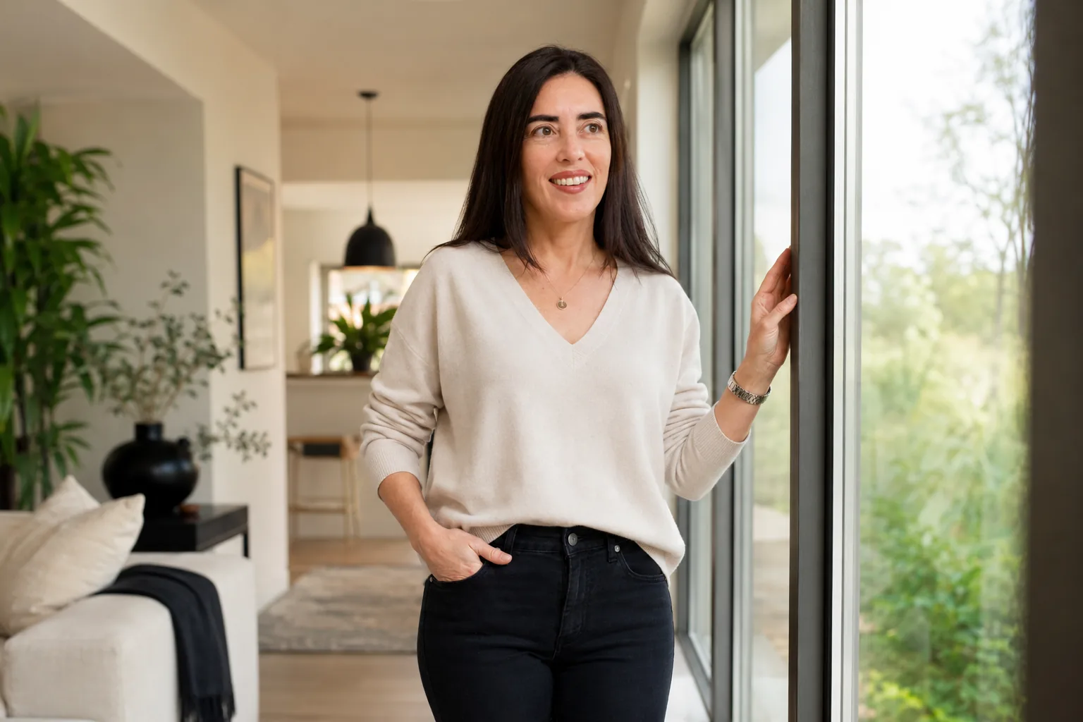 Dayana Pereira standing beside a window at home.